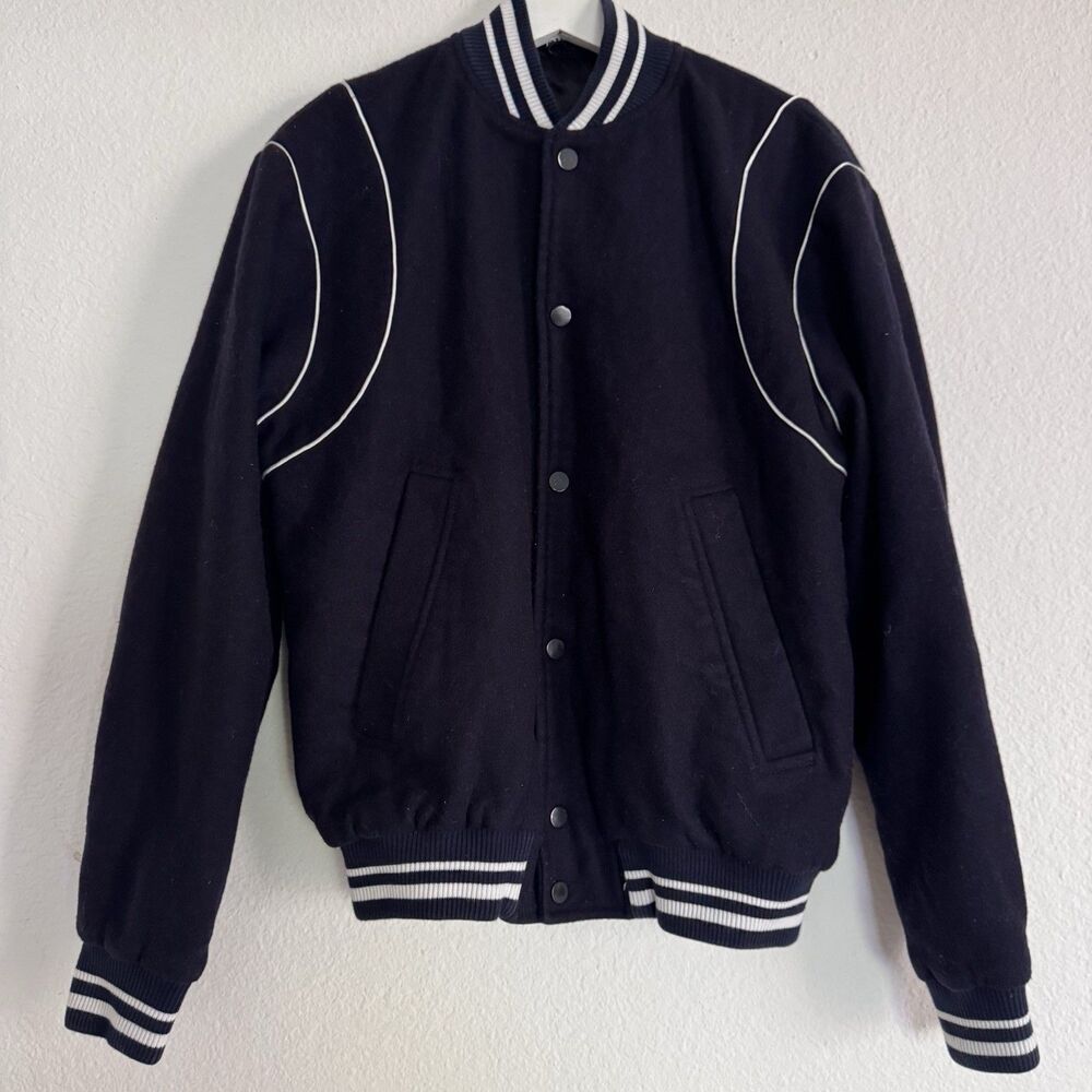Zara Men Wool Mix Sz M Varsity Letterman Bomber Jacket Dark Navy Classic Style